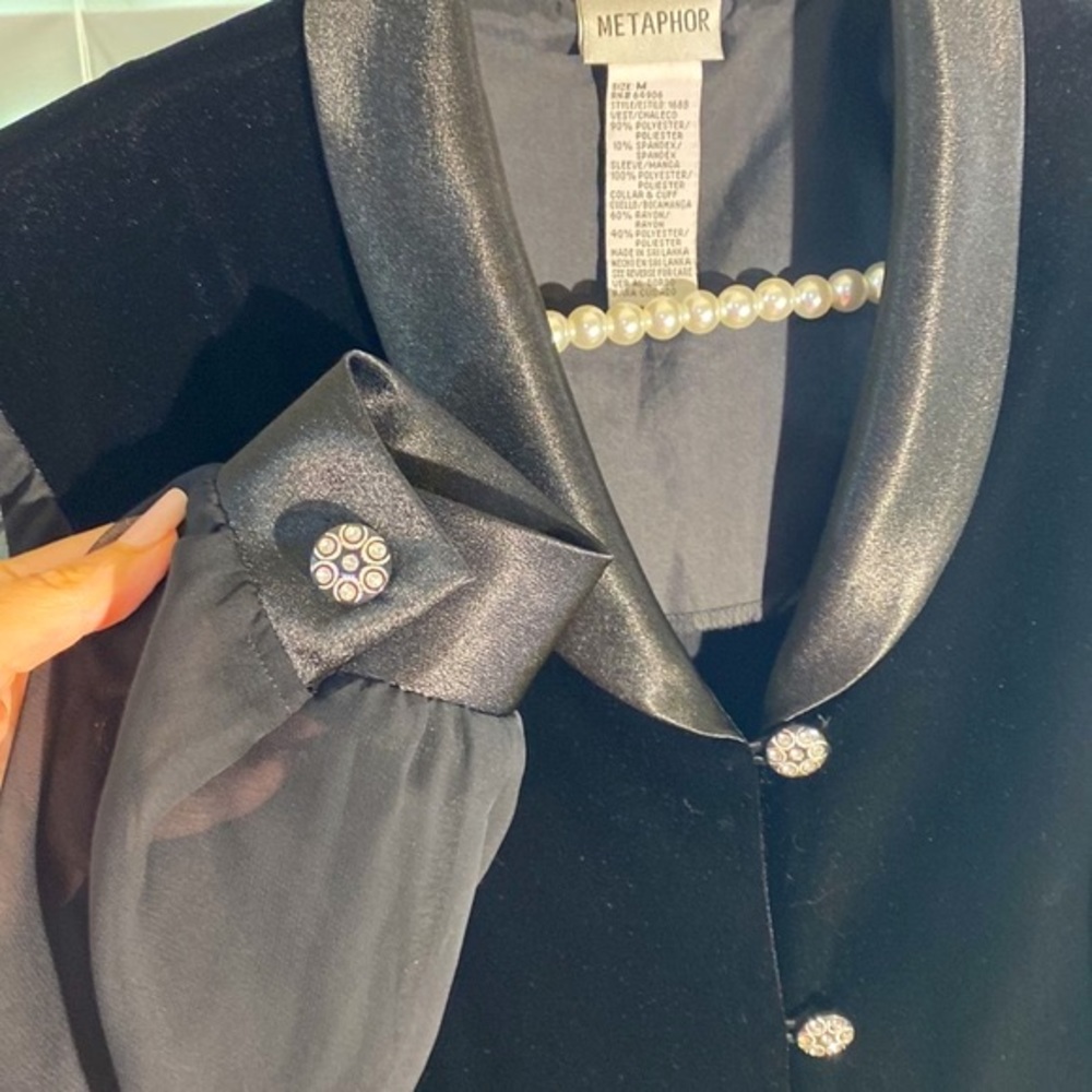Metaphor black velvet top with sheer sleeves and rhinestone buttons